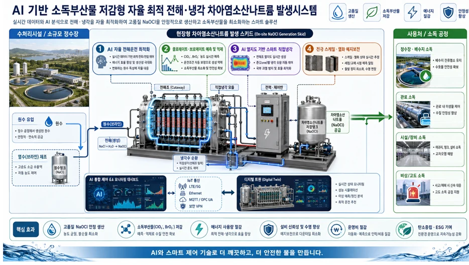 회사소개자료의 AI 기반 전해·냉각 차아염소산나트륨 발생시스템 개발 소개 이미지